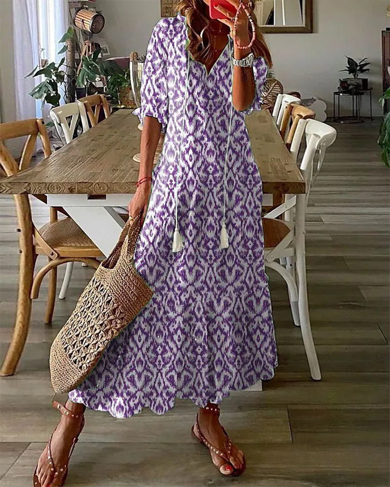 Vestido Comprido Mulher Barila – Vestido Boémio de Verão com Decote em V, Estampa Vintage e Algodão Confortável