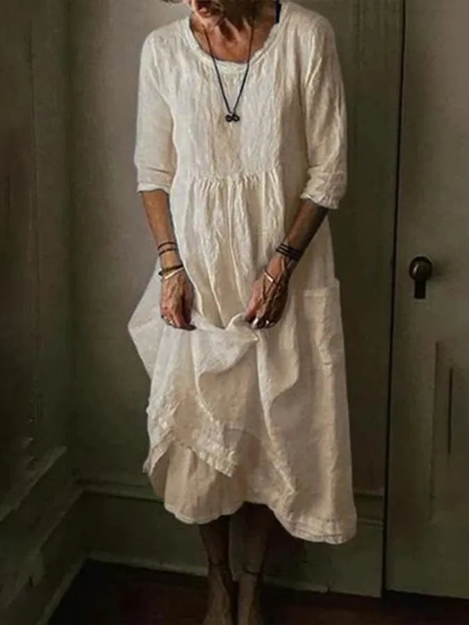 Félesca Robe Maxi Femme – Mélange Aéré de Coton et Lin, Col Rond & Manches Courtes