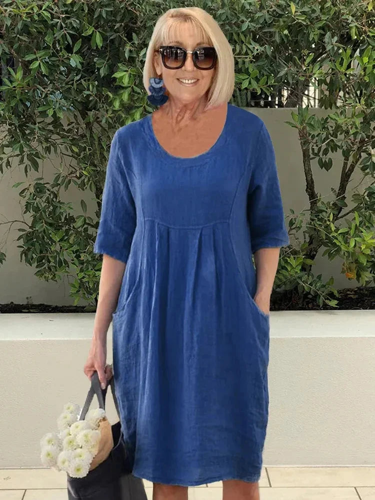 Dorothy női köntös – Egyszínű középhosszú pamut- és lenvászon tunika praktikus zsebekkel és laza stílusban