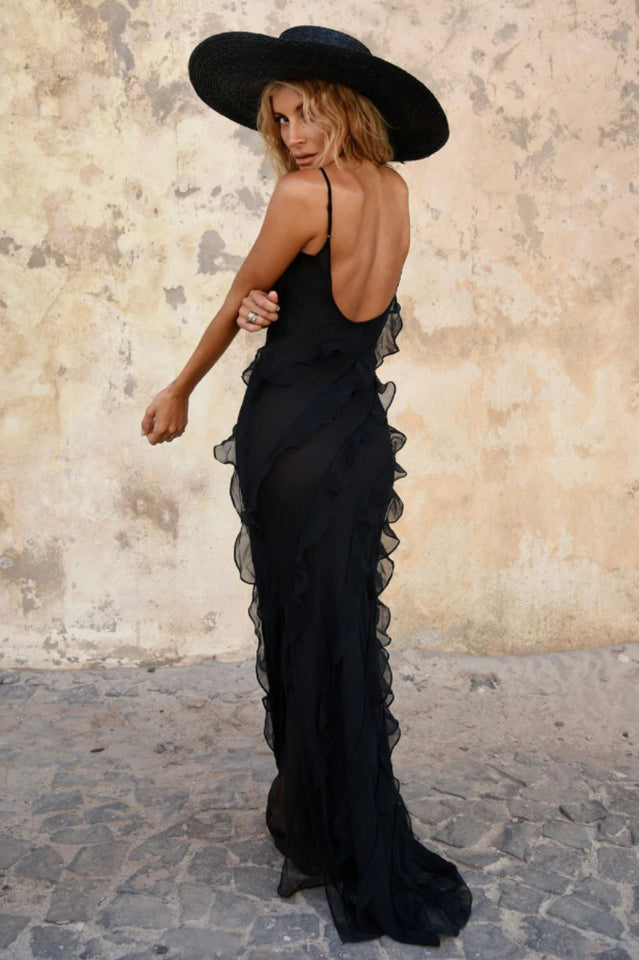 Robe Longue Femme Ashtine – Leichtes Sommerkleid mit Volants und mehrlagigem Rock & Strandlook