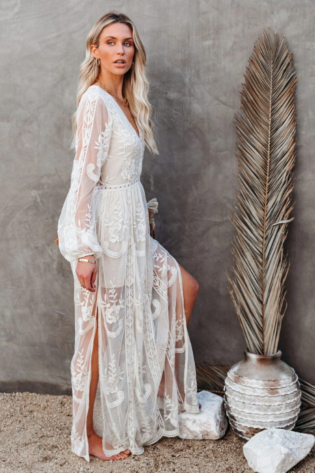 Delilah Rochie Lungă Femei – Rochie Boemă de Vară cu Dantelă, Decolteu în V Adânc & Fenta Înaltă