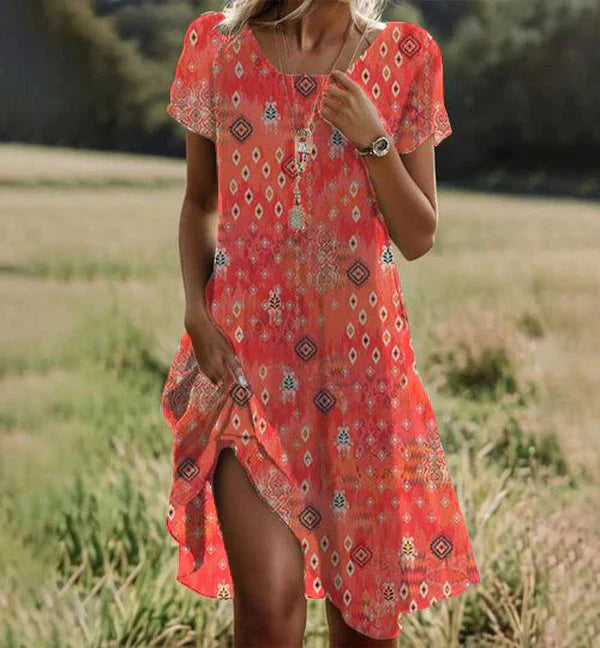 Aria Robe Midi Femme – Oranžové šaty s krátkými rukávy, kulatým výstřihem a elegantním pohodlím