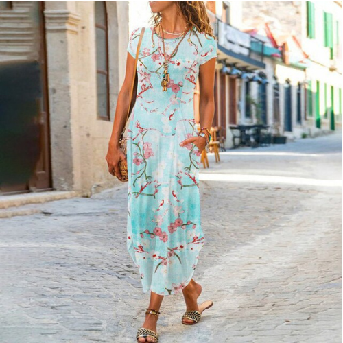 Caroline Robe Maxi Femme – Coton & Lino, Corte Fluido y Motivo Atemporal