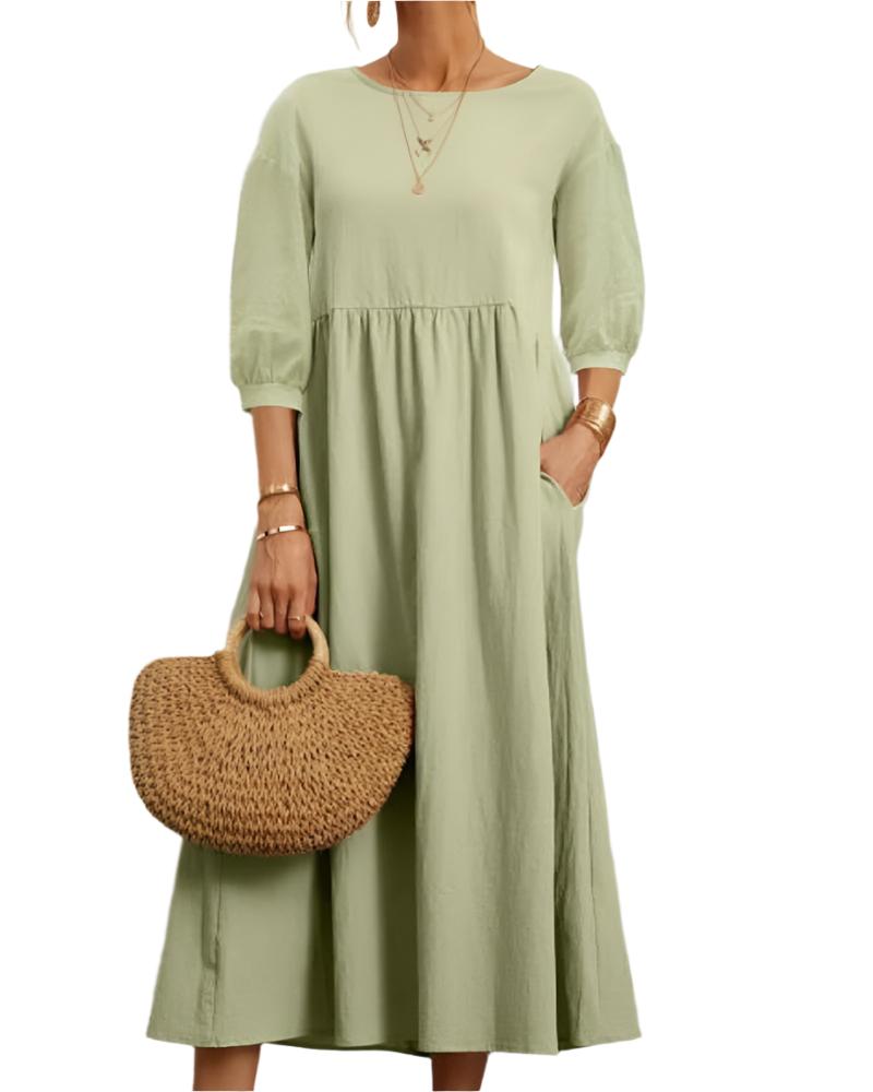Flore Robe Midi Femme – Baumwolle Leinen Atmungsaktiv, Rundhalsausschnitt, Laternenärmel, Sommerlicher Komfort