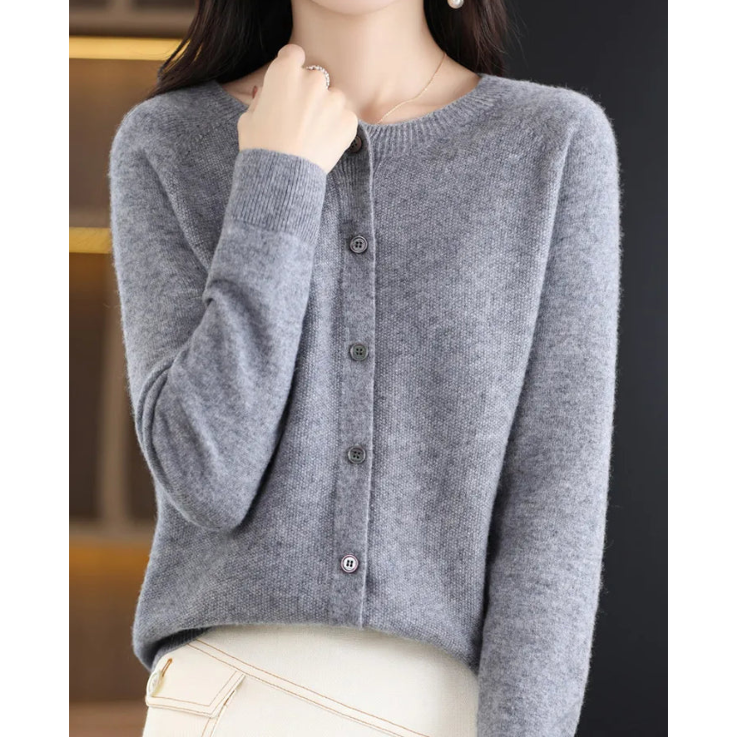 Mercy Cardigan Femme – Gilet Élégant en Laine Mérinos & Cachemire Doux à Col Rond