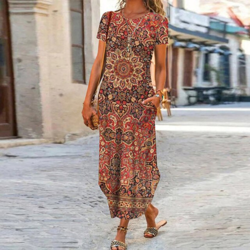 Caroline Robe Maxi Femme – Coton & Lino, Corte Fluido y Motivo Atemporal