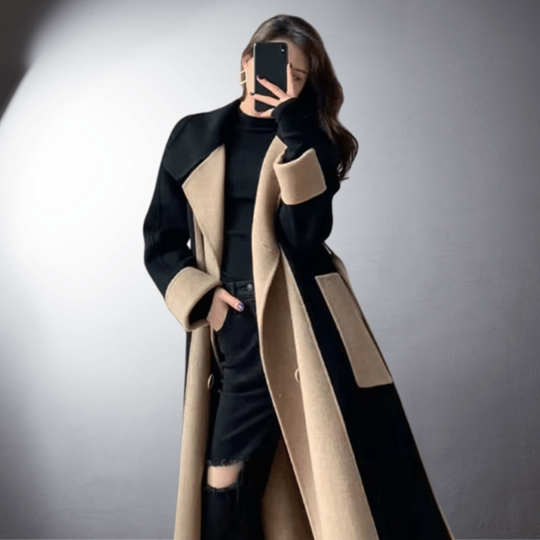 Tanya Manteau Femme – Coupe Dreaptă Bicoloră cu Închidere Față & Lungime Midi-Șold Iarnă