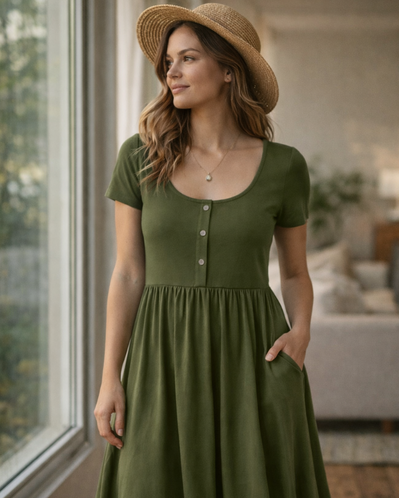 Maloi Robe Femme – Col Rond, Coupe A-Line Midi & Taille Élastique avec Poches Été