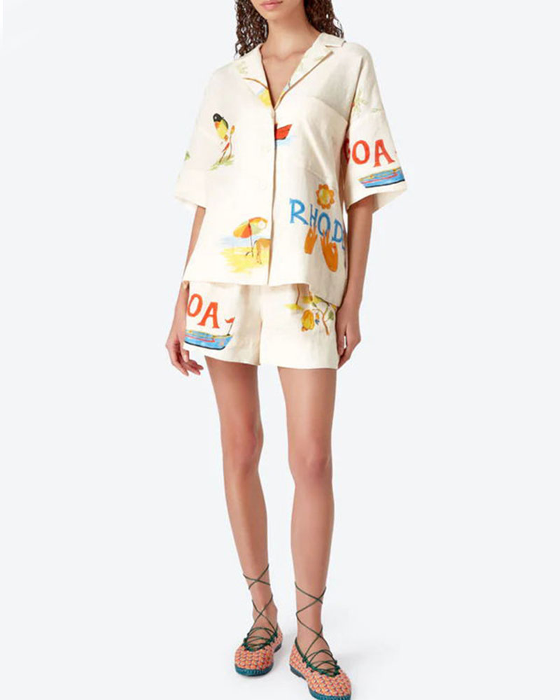Conjunto Stella em Linho Mulher – Coordenação Estival com Estampa Tropical, Camisa Leve & Calção Confortável
