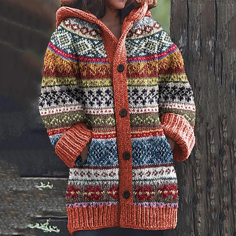 Azlea Gilet à Kapuze Damen – Mehrfarbiges geometrisches Muster & Frontknöpfe