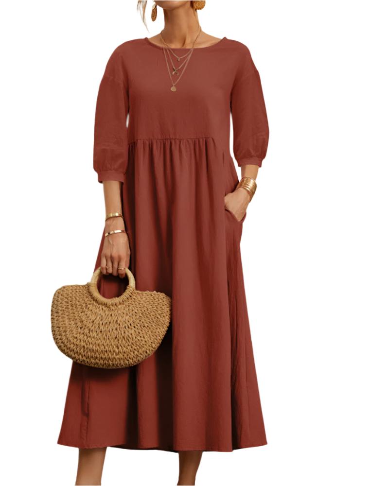 Flore Robe Midi Femme – Baumwolle Leinen Atmungsaktiv, Rundhalsausschnitt, Laternenärmel, Sommerlicher Komfort