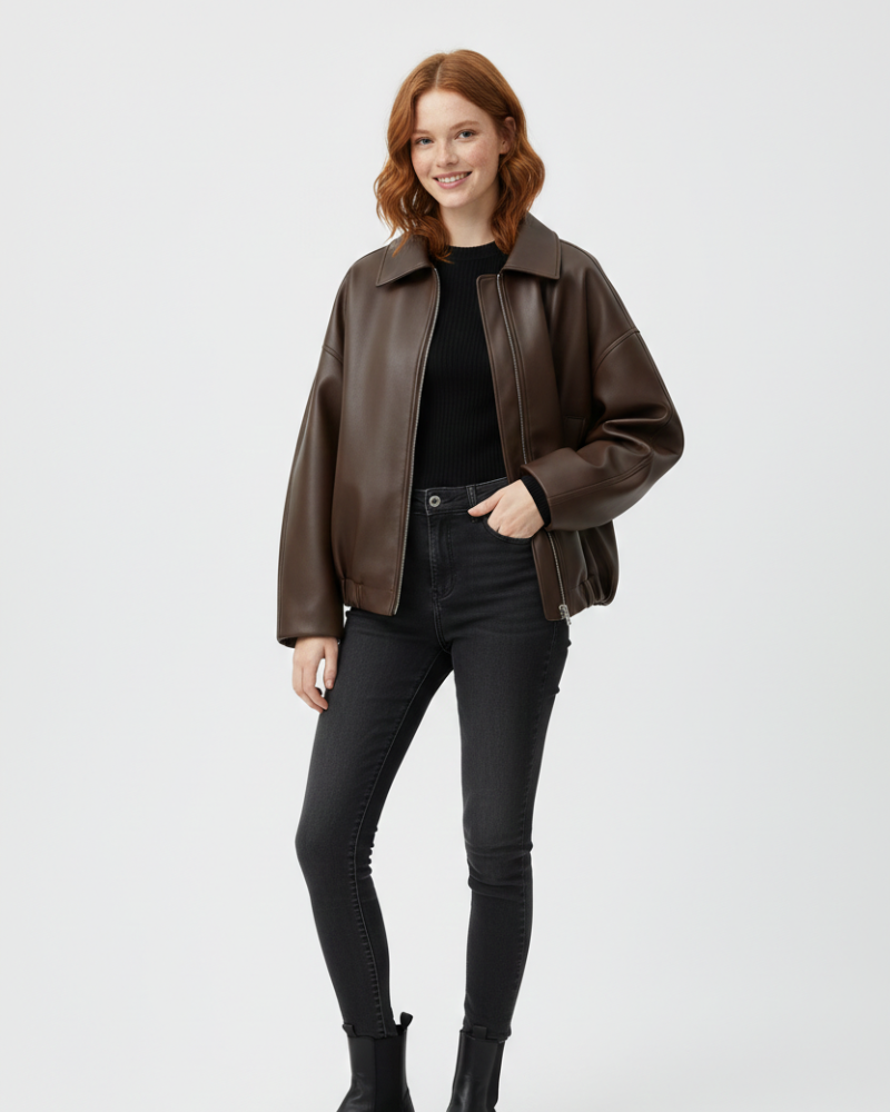 Nina Dámská Oversize Vesta – Přední Zip, Integrovaný Pásek a Moderní Kožený Styl