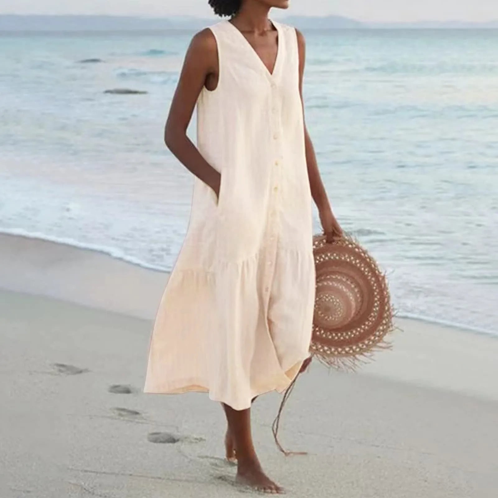 Robe d’Été Femme Lena – Élégante Robe à Col en V avec Coupe Aérée & Design Intemporel
