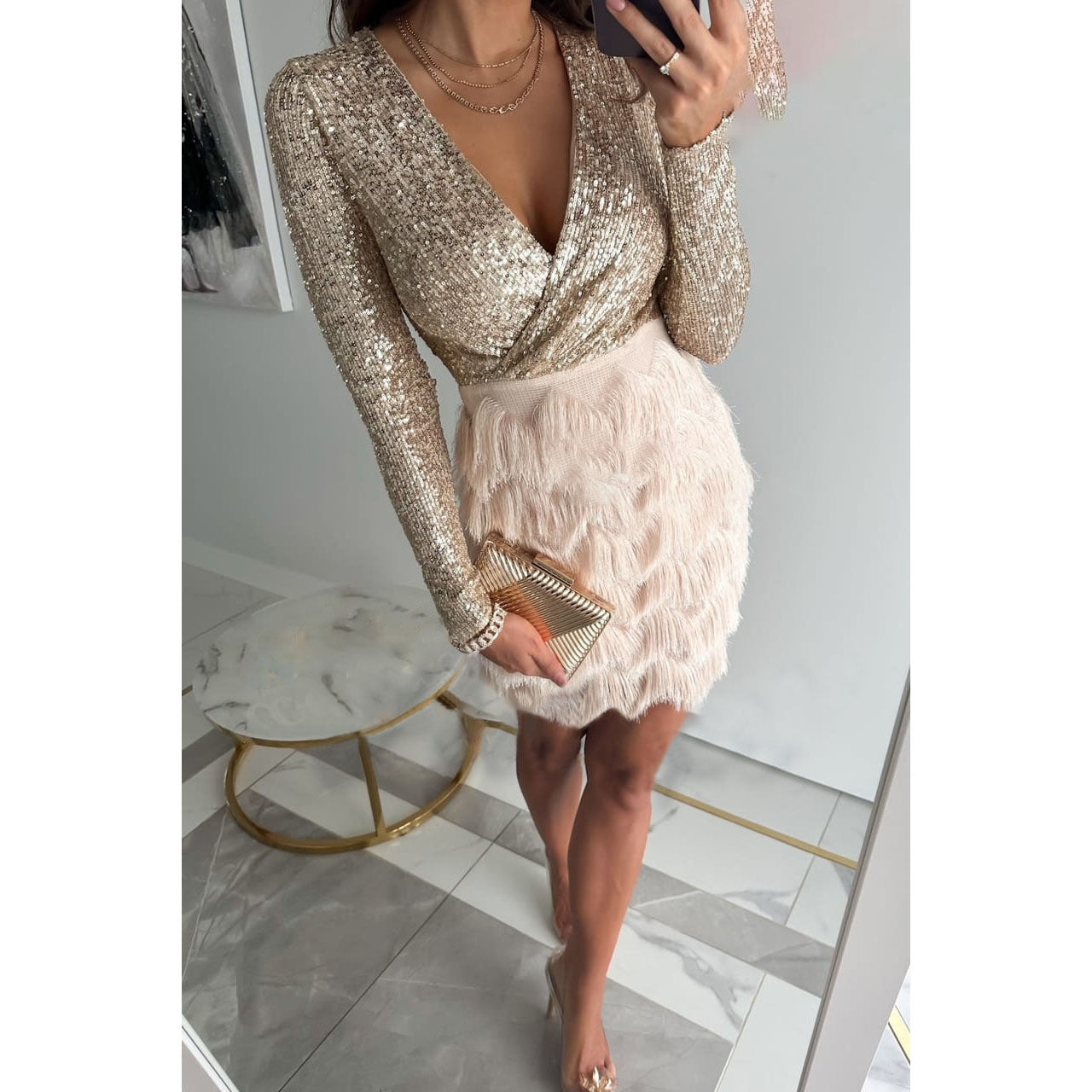 Abito da sera da donna Amber - Mini abito scintillante con frange ed elegante taglio aderente