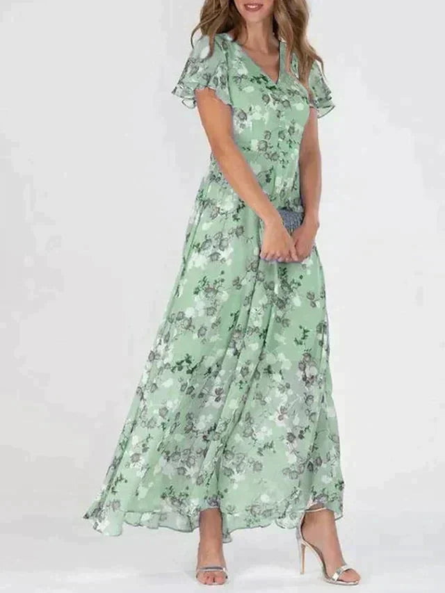 Irene Robe Maxi Femme – Decolteu în V Flatter, Imprimat Floral Ușor & Croială Confortabilă