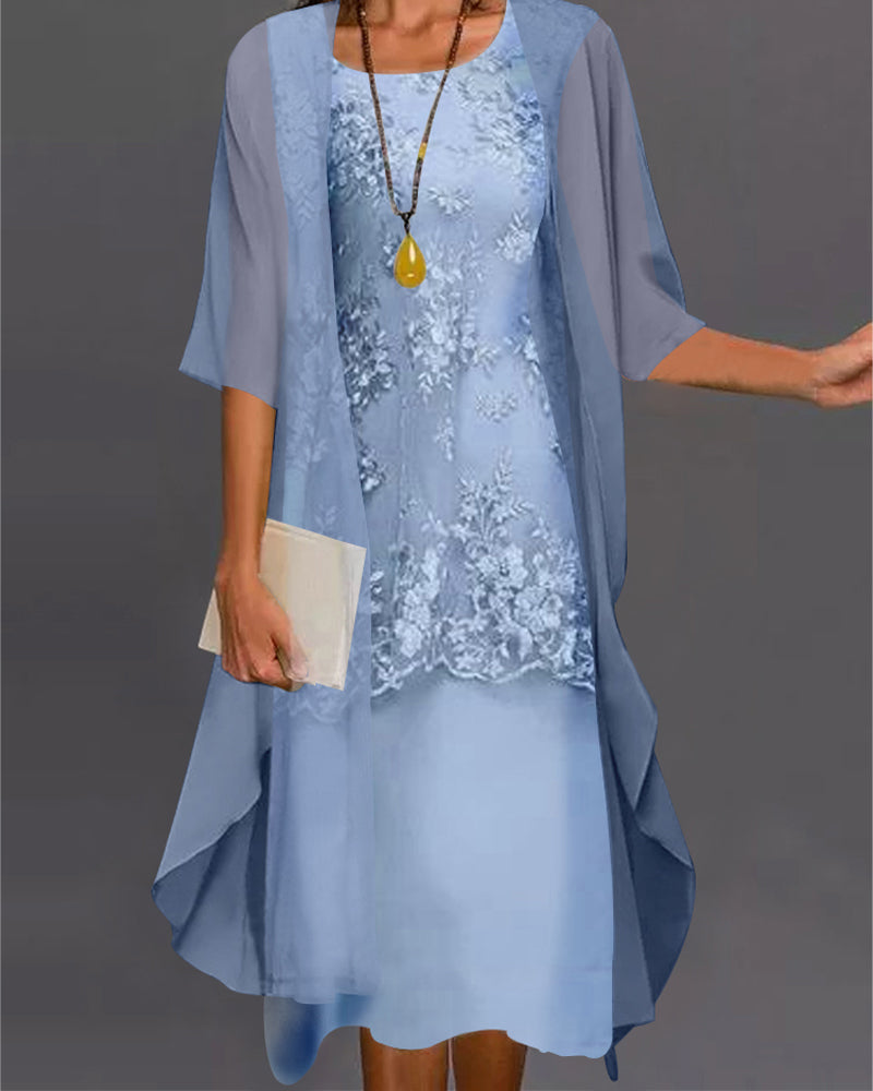 Conjunto Vestido Mulher Rishta – Vestido Elegante de Duas Peças em Musselina com Renda, Remendos e Mangas 3/4