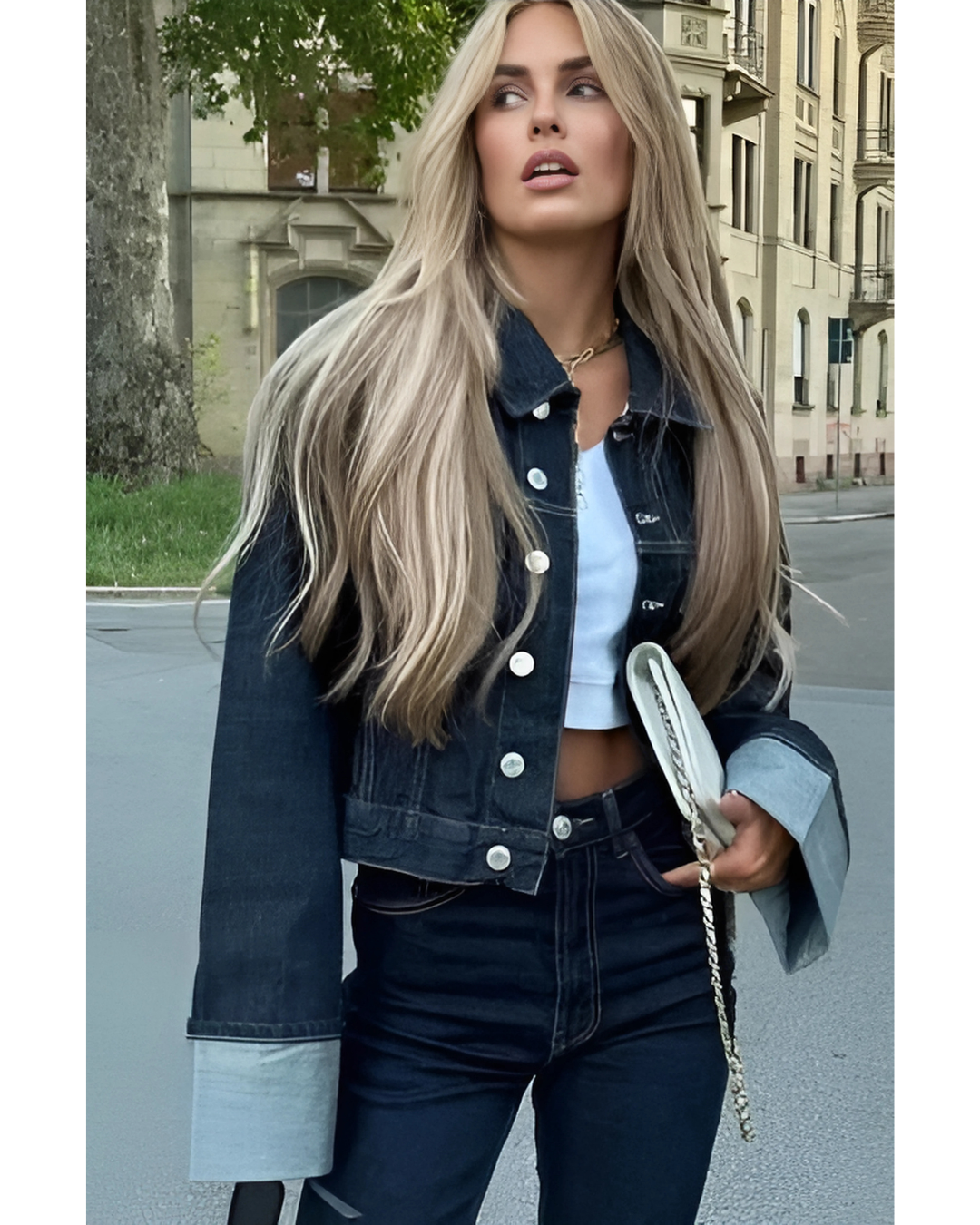 Bea Ensemble Denim Femme – Jachetă scurtă & blugi largi cu revere contrastante pentru un look la modă
