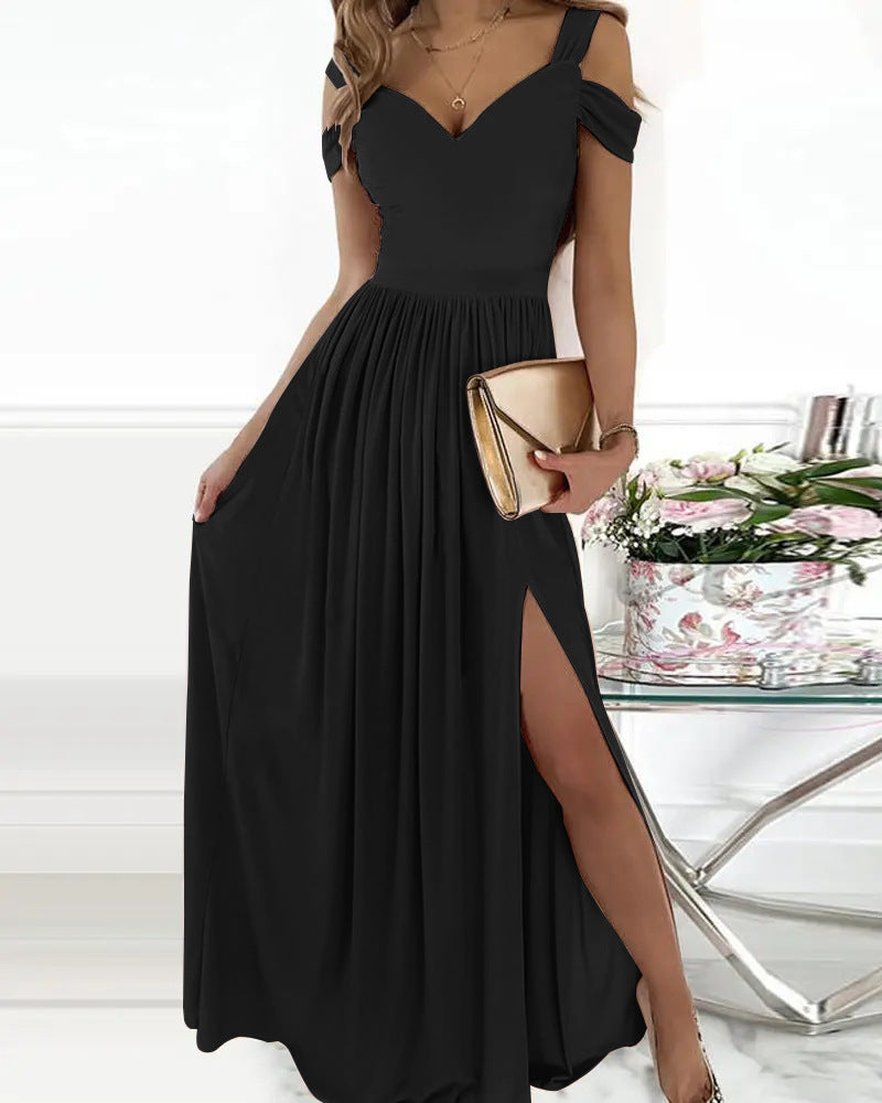 Abito lungo elegante da donna Antonella - Abito con stampa floreale e spalle scoperte e spacco chic