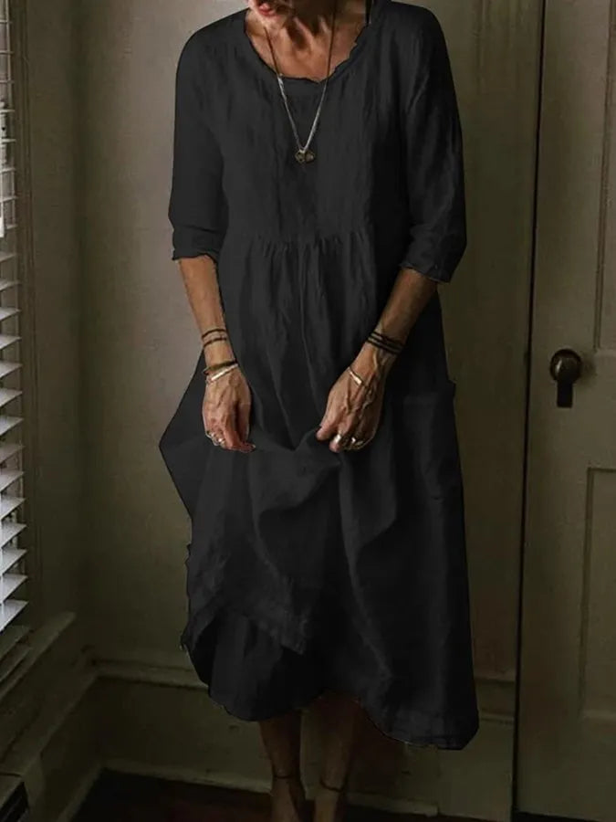 Félesca Robe Maxi Femme – Mélange Aéré de Coton et Lin, Col Rond & Manches Courtes