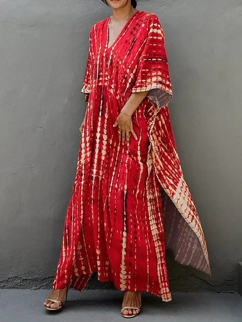 Camille Robe Kaftan Femme - Total længde, løs pasform, V-hals - Boheme Tie-Dye stil til sommeren