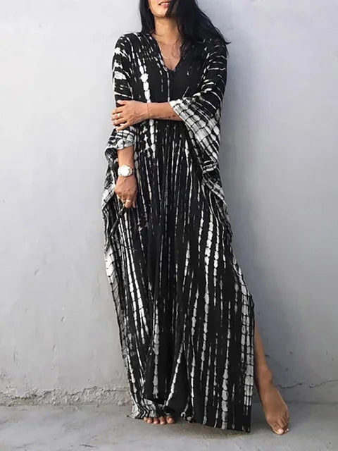 Camille Robe Kaftan Femme - Total længde, løs pasform, V-hals - Boheme Tie-Dye stil til sommeren