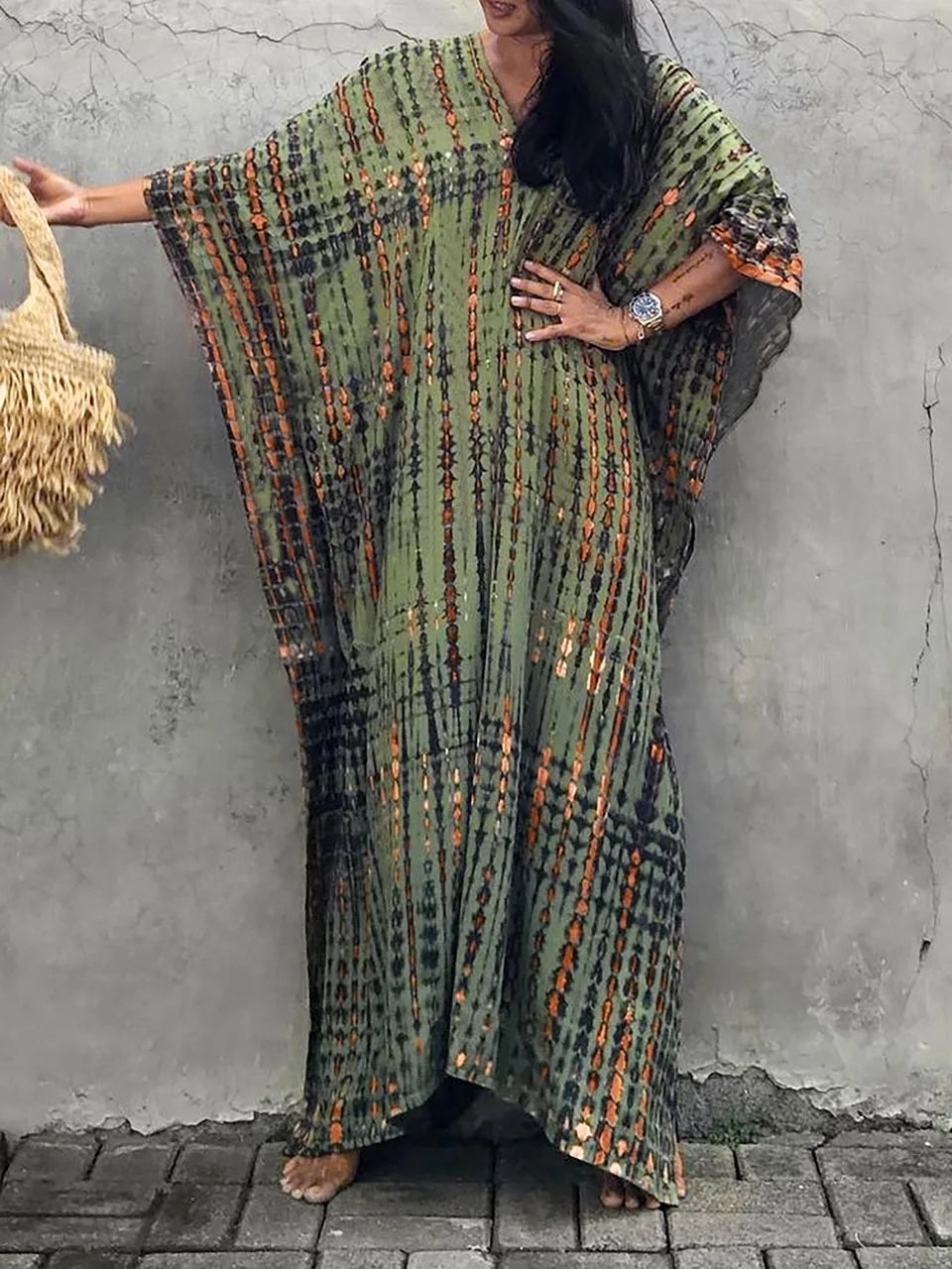 Camille Robe Kaftan Femme - Total længde, løs pasform, V-hals - Boheme Tie-Dye stil til sommeren