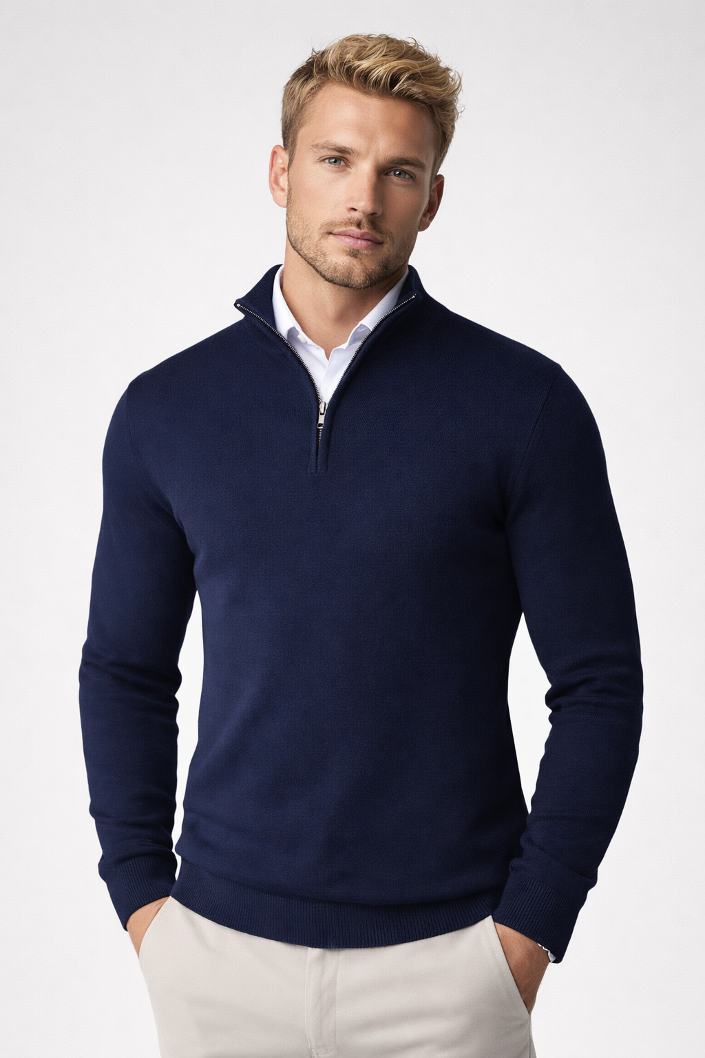 Killian Herre Trøje med Halv Lynlås – Høj Krave, Blødt Strik & Smart-Casual Stil