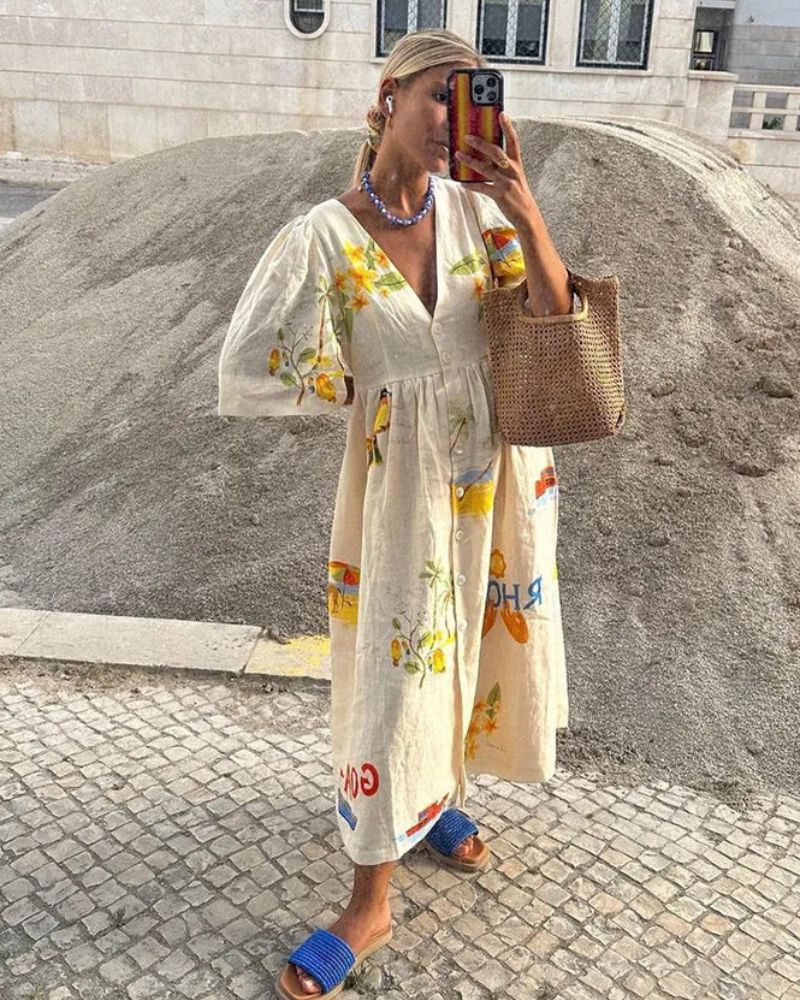 Vestido de Linho para Mulher Ara – Vestido de Verão Midi com Estampa Colorida e Corte Largo Descontraído