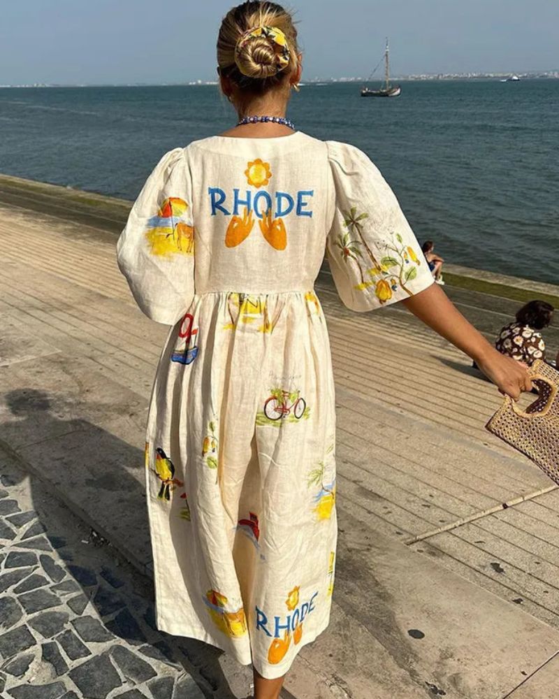 Vestido de Linho para Mulher Ara – Vestido de Verão Midi com Estampa Colorida e Corte Largo Descontraído