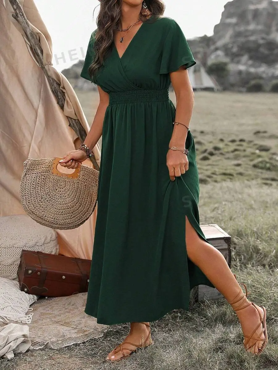 Sukienka maxi Vanessa dla kobiet – długa czarna sukienka z marszczeniami w talii i eleganckim, luźnym krojem