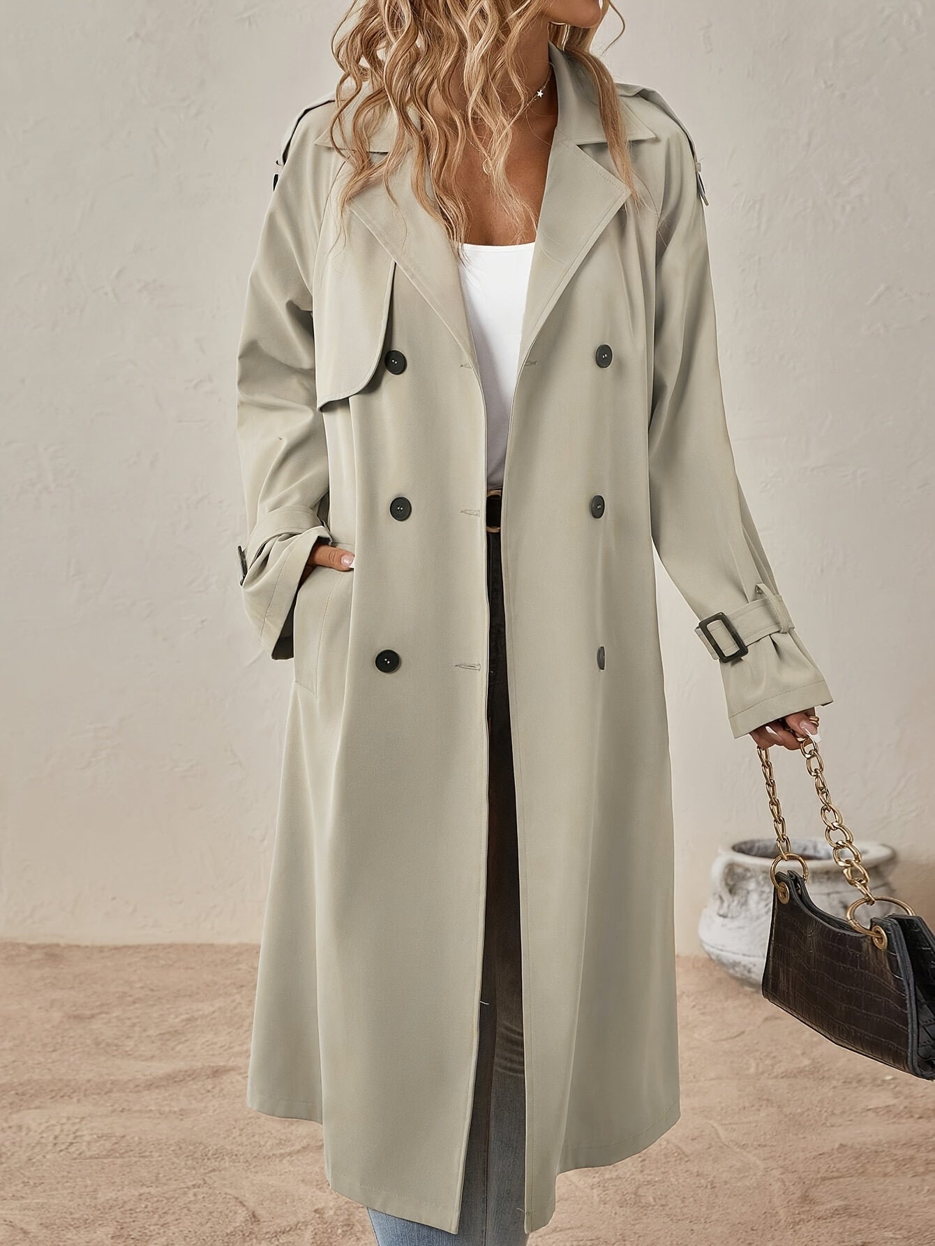 Eshita Trench pour femme – Elegant lang frakke i bomuldsblanding med struktureret pasform og knaplukning