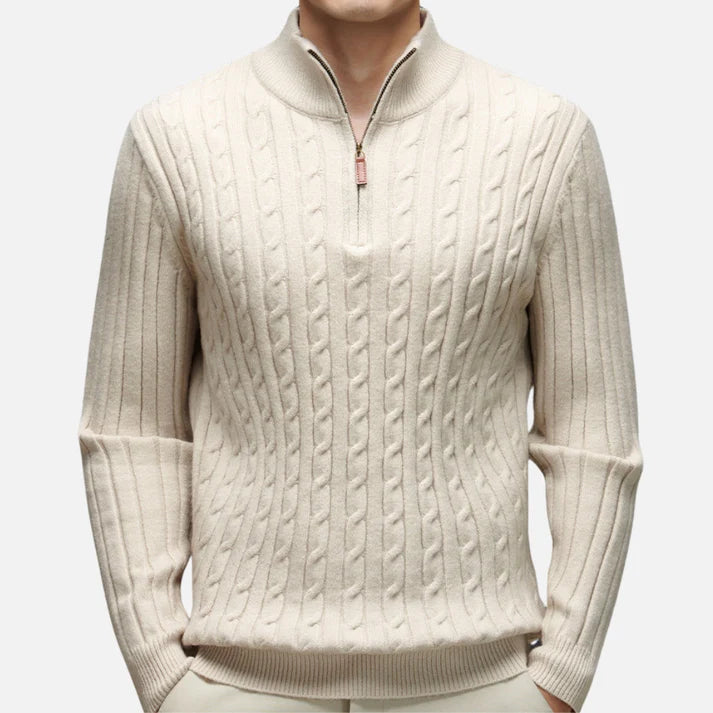 Camisola Quente com Gola Polo e Fecho de Meio Zíper em Malha Canelada para Homens