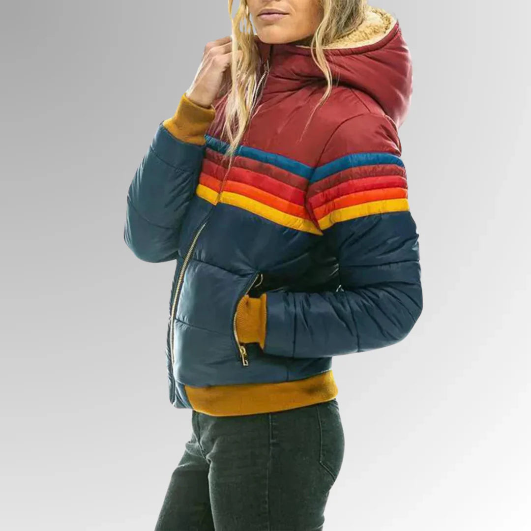 Scarlett Doudoune Damen Retro – Mehrfarbiger Wintermantel mit Kapuze und Reißverschluss