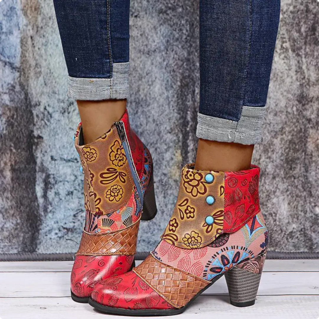 Bottes De Pluie Pour Femme Lauren - Bottes rétro imperméables avec talon haut et motif ethnique pour l'automne