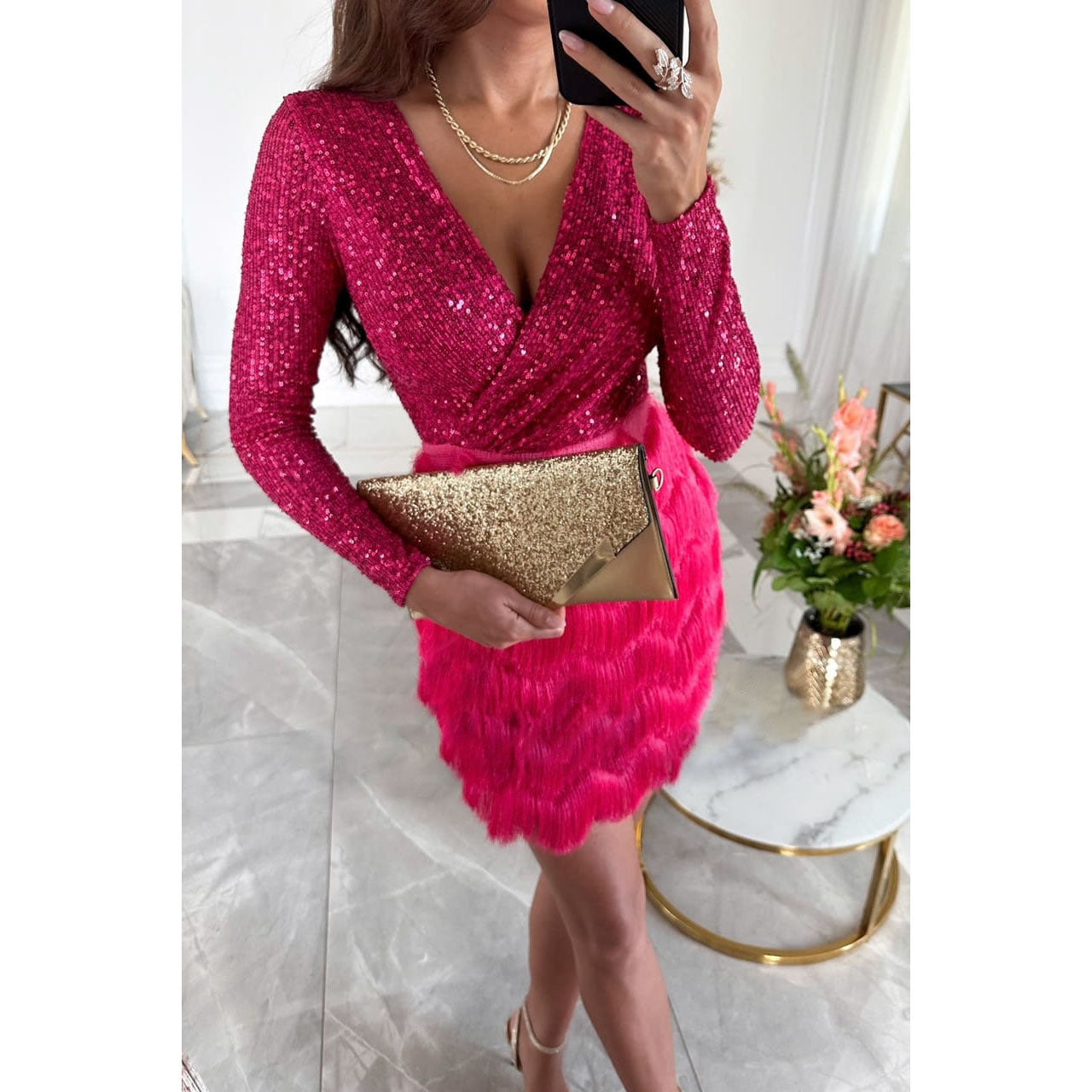 Abito da sera da donna Amber - Mini abito scintillante con frange ed elegante taglio aderente