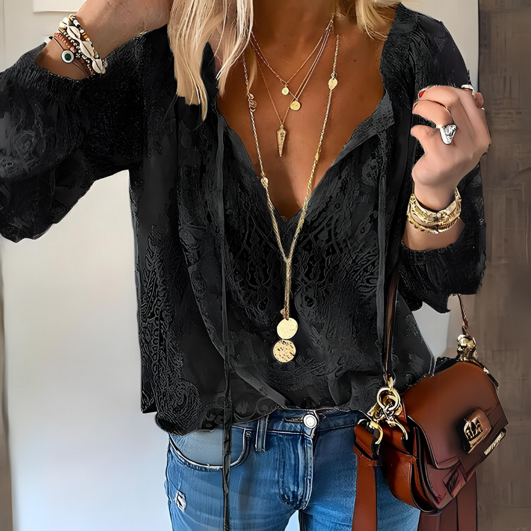 Vivien Blouse Femme – Elegantní halenka z krajky s mašlí a průhlednými detaily