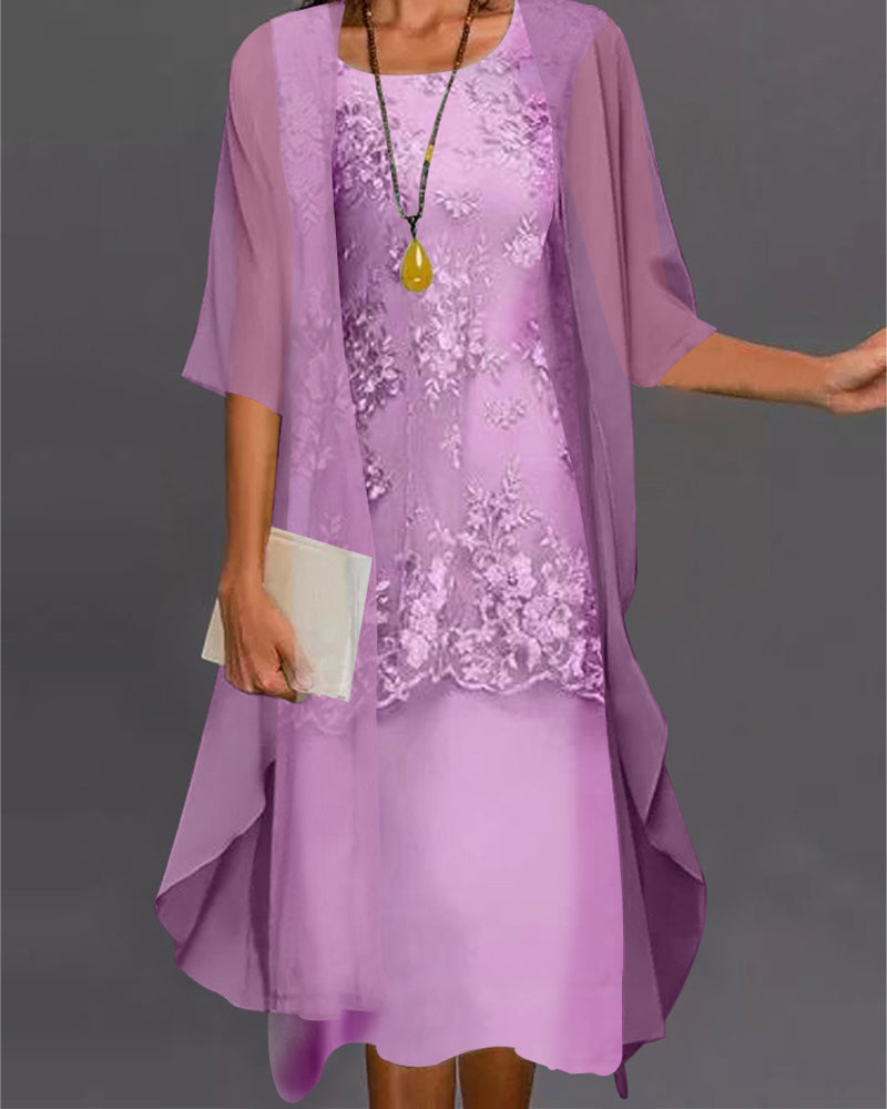 Conjunto Vestido Mulher Rishta – Vestido Elegante de Duas Peças em Musselina com Renda, Remendos e Mangas 3/4