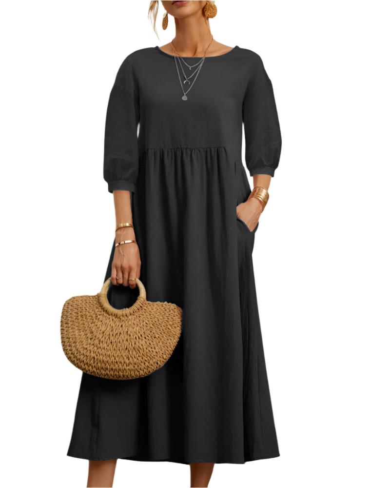 Flore Robe Midi Femme – Baumwolle Leinen Atmungsaktiv, Rundhalsausschnitt, Laternenärmel, Sommerlicher Komfort