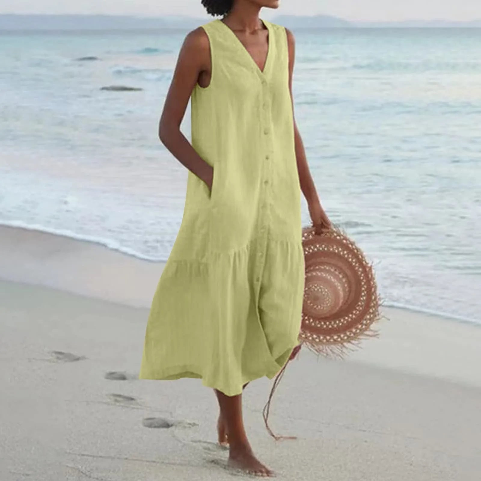 Robe d’Été Femme Lena – Élégante Robe à Col en V avec Coupe Aérée & Design Intemporel