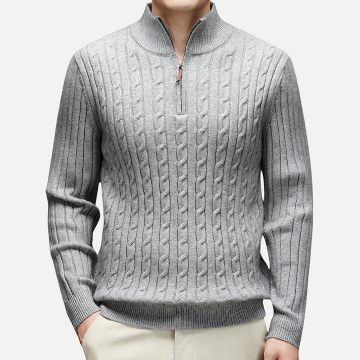 Camisola Quente com Gola Polo e Fecho de Meio Zíper em Malha Canelada para Homens