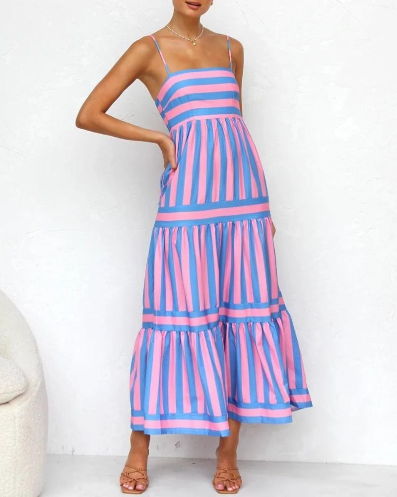 Vestido de Verão Mulher Viera – Vestido às Riscas com Alças Ajustáveis, Bolsos e Saia em Camadas