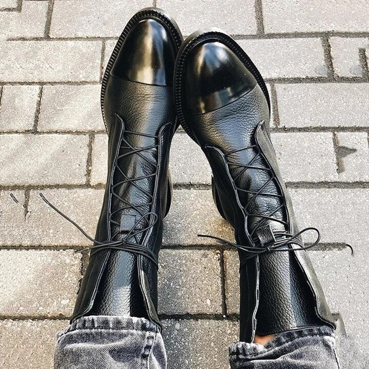 Zuriel Botas Femininas – Botas Altas Elegantes com Salto e Atacadores em Couro Premium
