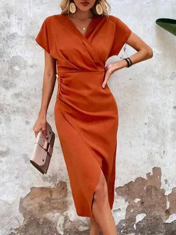 Adeline Dress Woman – Elegant Draped Dress with V-neck, Short Sleeves & Subtle Slit