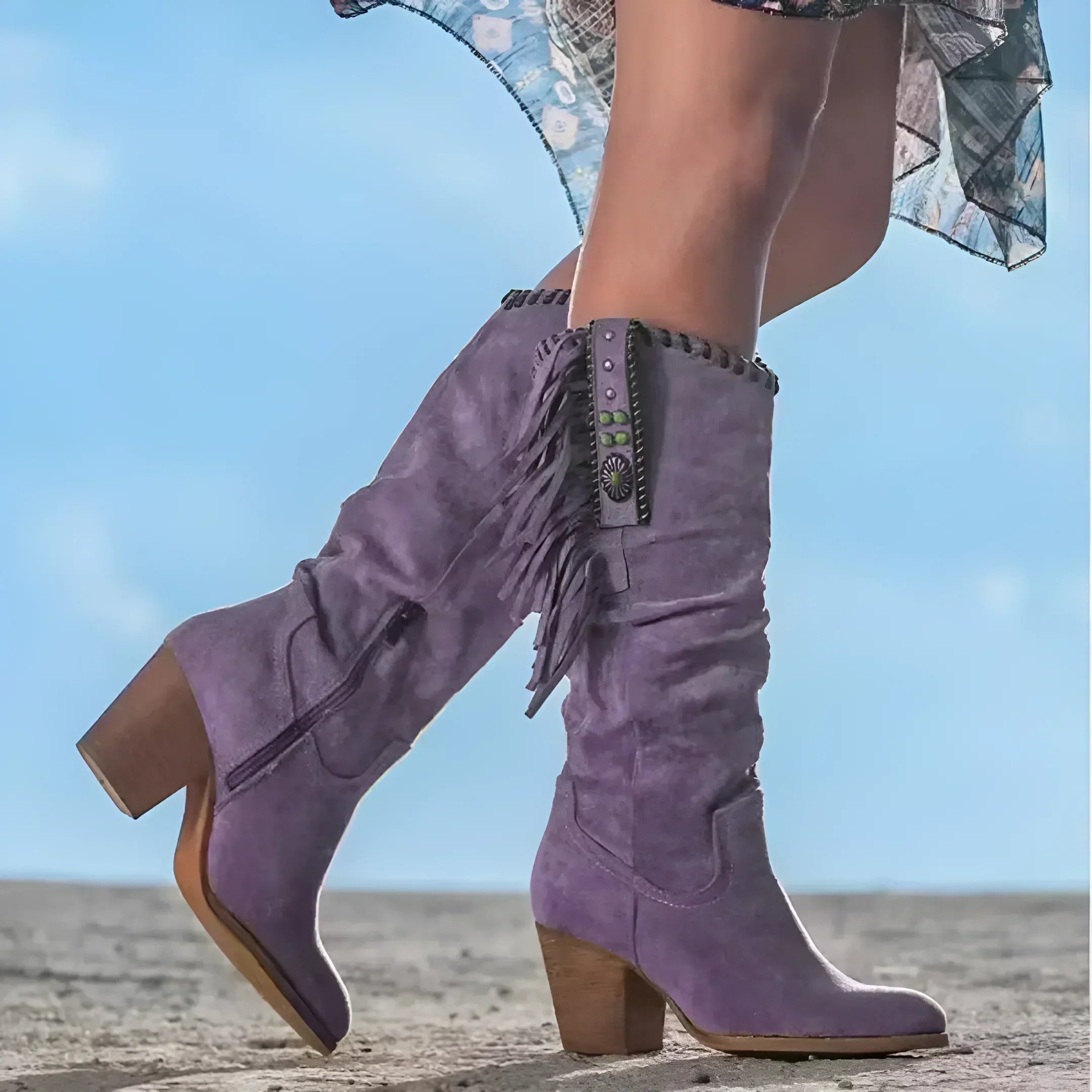 Nathalie Bottes Femme – Botas de Cowboy en Cuero Verdadero con Flecos y Tacón Grueso
