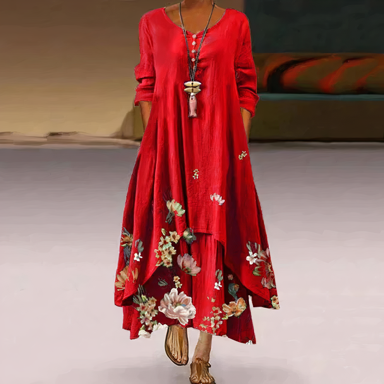 Long Dress Woman Tania – Elegant Floral Dress with Embroidery & Slit for a Summer Look