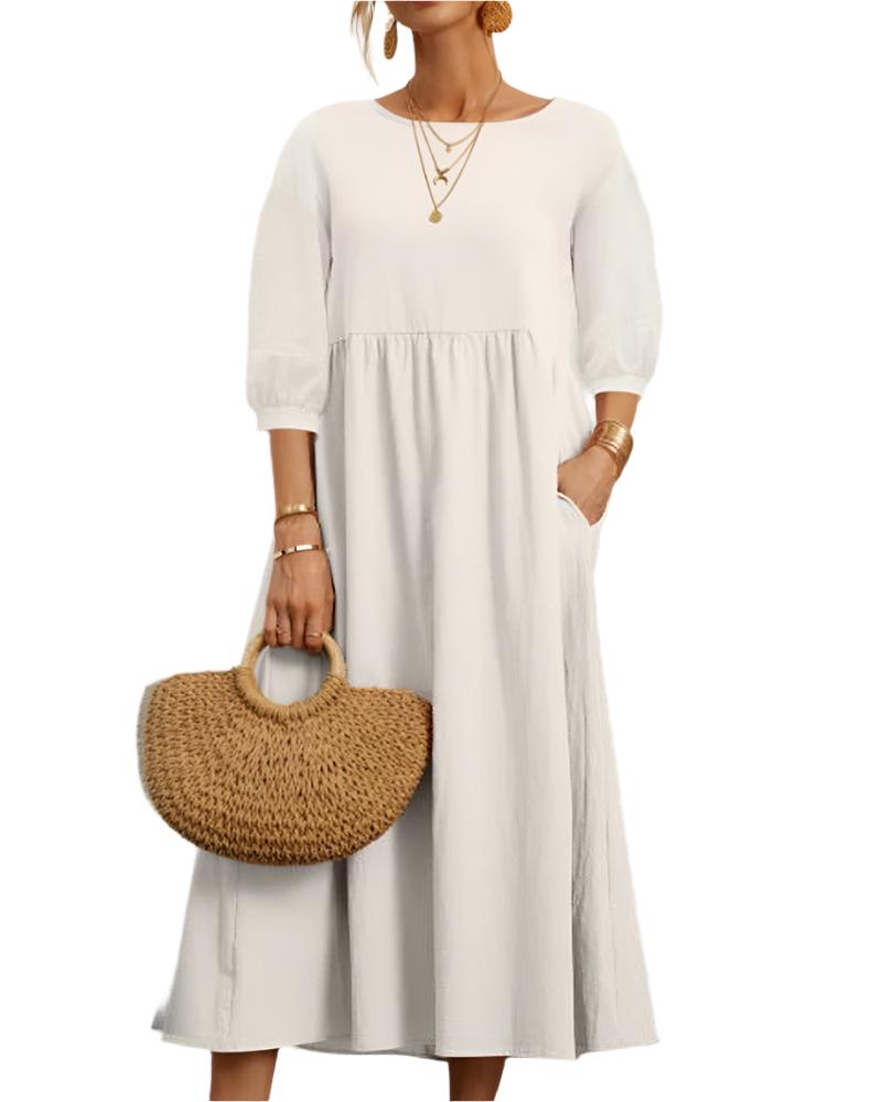 Flore Robe Midi Femme – Baumwolle Leinen Atmungsaktiv, Rundhalsausschnitt, Laternenärmel, Sommerlicher Komfort