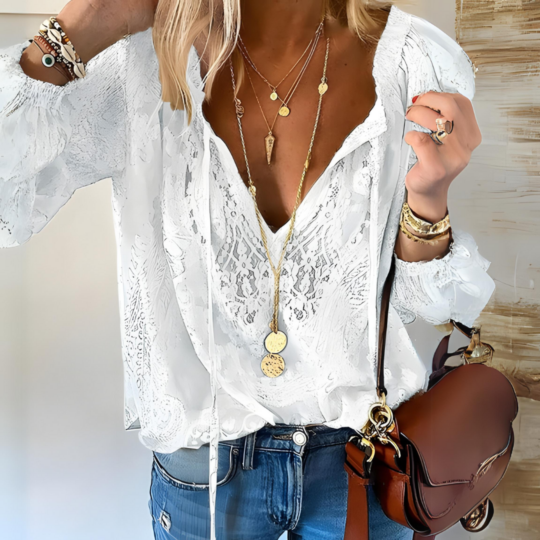 Vivien Blouse Femme – Elegantní halenka z krajky s mašlí a průhlednými detaily