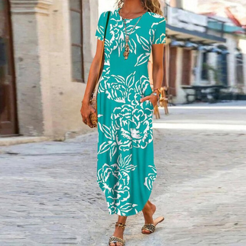 Caroline Robe Maxi Femme – Coton & Lino, Corte Fluido y Motivo Atemporal