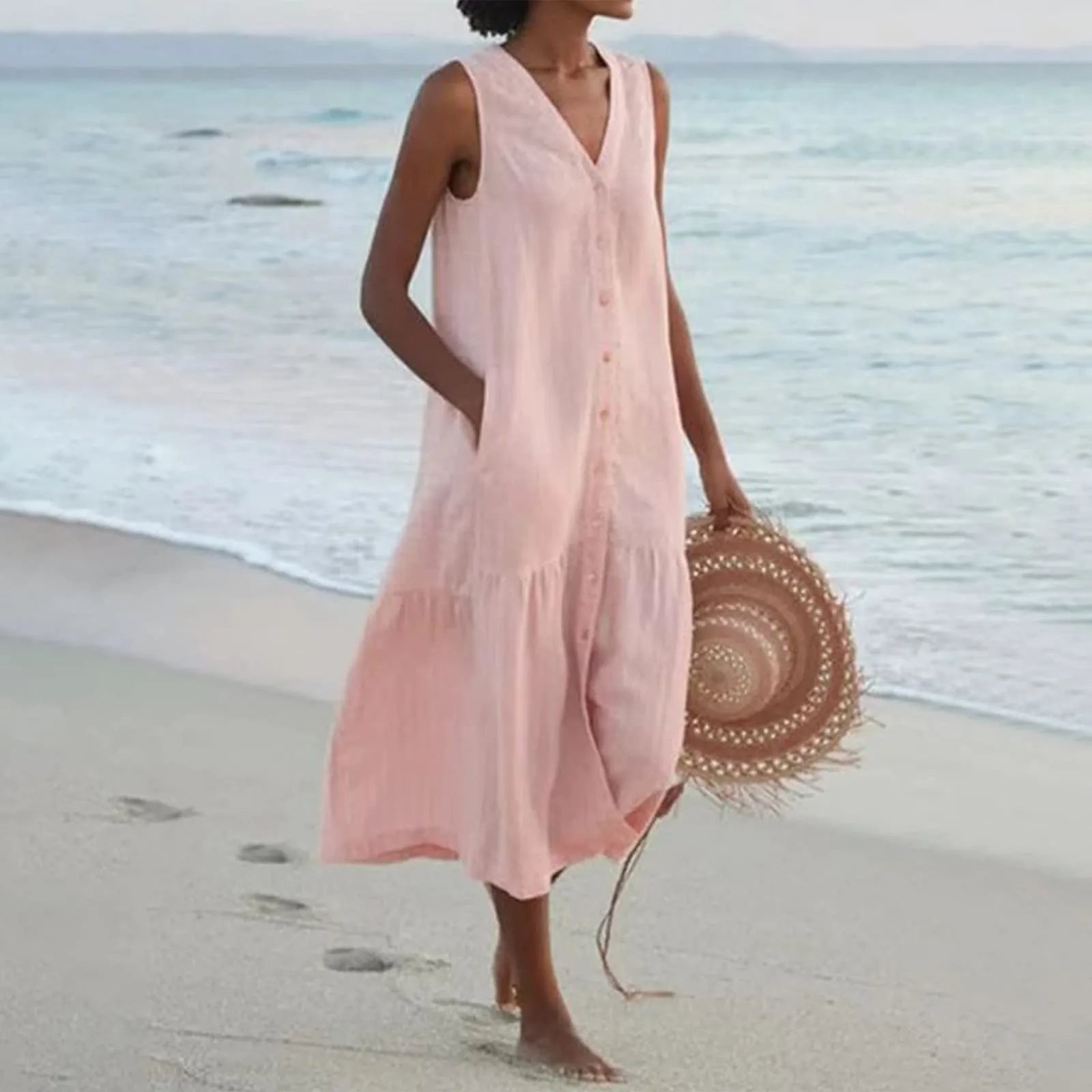 Robe d’Été Femme Lena – Élégante Robe à Col en V avec Coupe Aérée & Design Intemporel