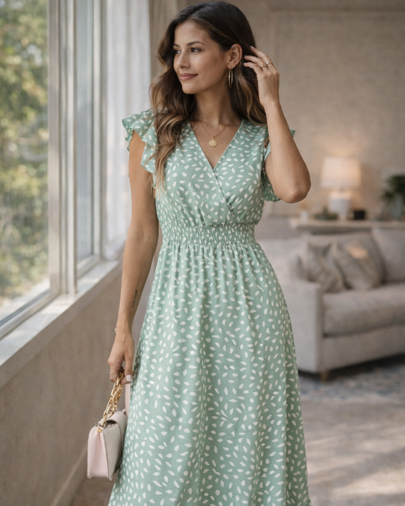 Vestido Maxi Gina para Mulher – Decote em V Floral, Mangas Pétala e Cintura Elástica Fluida de Verão